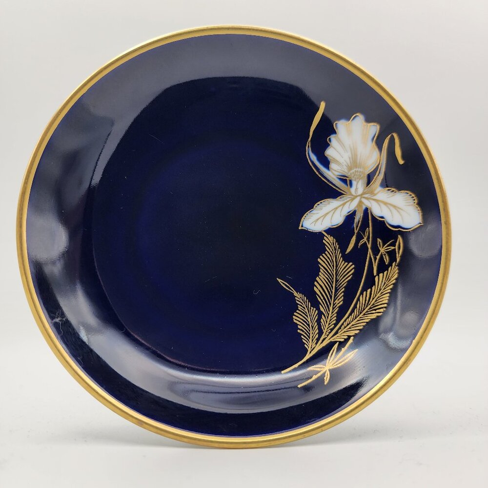 Vtg Edelstein Bavaria Echt Cobalt Blue Gold Trim Leaves White Orchid 4" Saucer